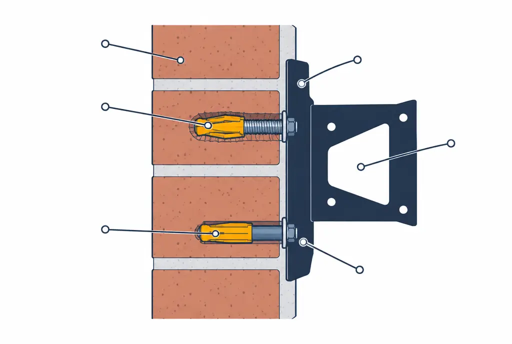 Diagram: cross-section of a brick wall with a TV bracket plate held by two sleeve anchors expanded inside the bricks, one shown in cutaway