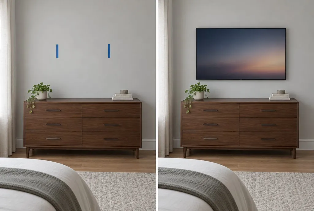 Illustration: split view of a condo bedroom wall above a walnut dresser, bare with painter's tape marking the stud positions on the left and a 55-inch TV centered on a fixed mount on the right