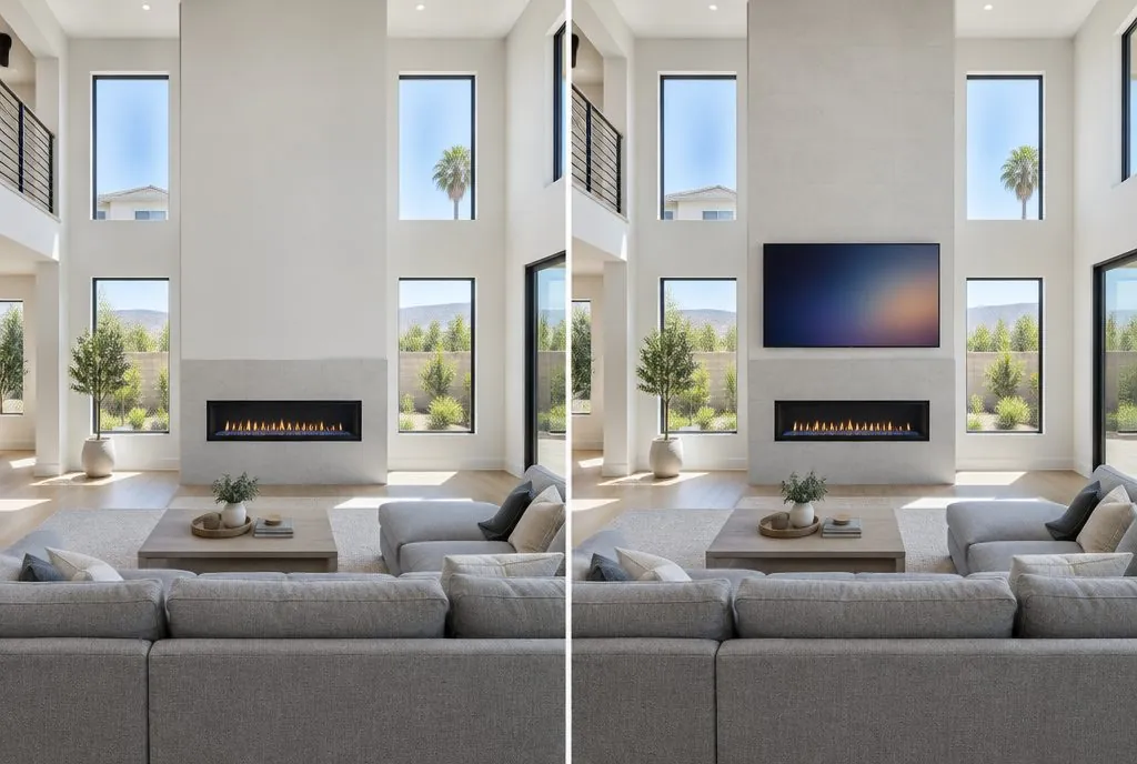 Illustration: split view of a great-room fireplace wall, a bare drywall chase above a linear gas fireplace on the left and a 75-inch TV mounted above it with no visible cables on the right