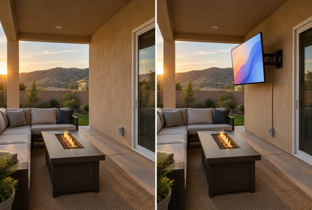 Illustration: split view of a covered patio with a tan stucco house wall, bare on the left with a weatherproof outlet low near the sliding door, and on the right an 85-inch TV on a full-motion mount swung toward the outdoor sofa with a raceway painted to match the stucco