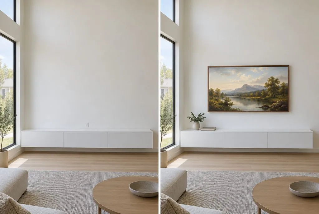 Illustration: split view of a bright minimalist living-room wall above a low white console, bare on the left with a duplex outlet behind the console, and on the right a 65-inch picture-frame TV mounted flush showing a landscape painting with no visible cables