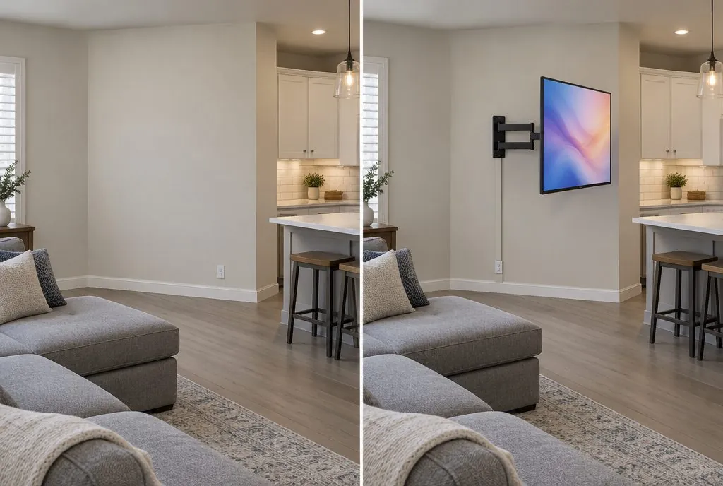 Illustration: split view of an open-plan family room corner next to a kitchen island, bare drywall on the left with an outlet at baseboard height, and on the right a 65-inch TV on an extended full-motion arm swung toward the island