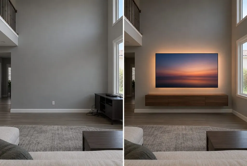 Illustration: split view of a family-room feature wall, bare gray drywall on the left with an outlet low near the floor and a TV stand pushed aside, and on the right a 75-inch TV above a floating walnut console with a warm LED glow behind the screen and no visible cables