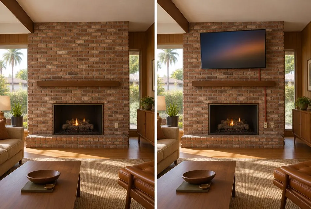 Illustration: split view of a used-brick fireplace wall in a ranch living room, empty above the mantel on the left and with a 65-inch TV on a tilting mount and a brick-red raceway on the right
