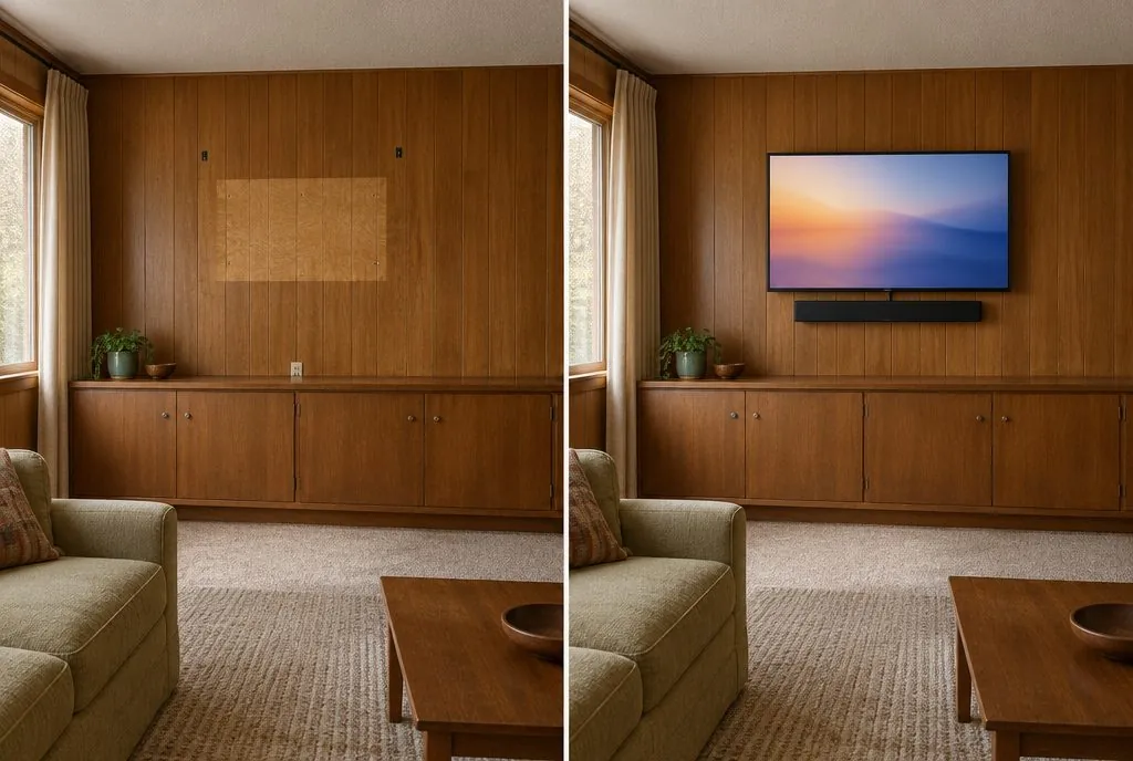Illustration: split view of a 1950s-style ranch family room, on the left a wood-paneled wall over a low cabinet with two old bracket holes and a bare patch, on the right a 55-inch TV on a tilting mount with a black soundbar beneath it and no visible cables