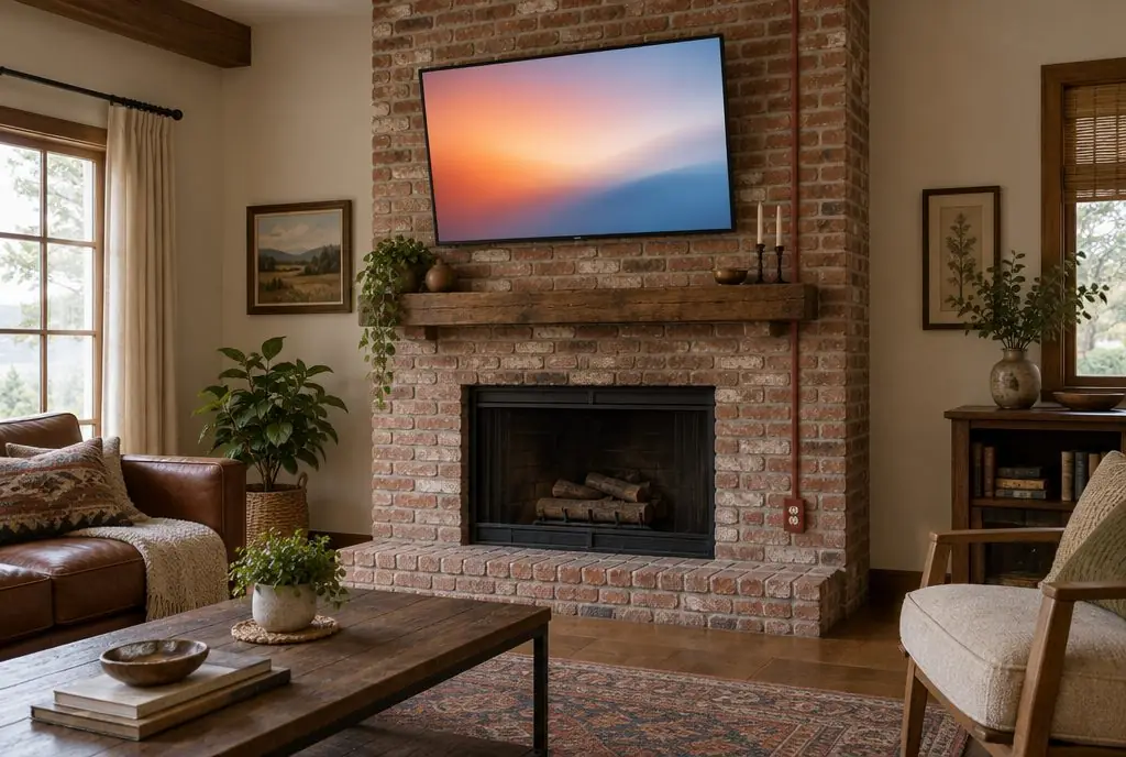 Illustration: a 65-inch TV on a tilting mount above a used-brick fireplace mantel, with a slim raceway painted brick red running down to the outlet