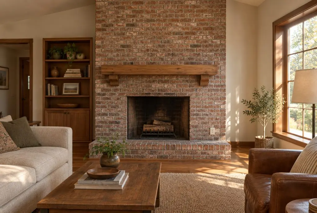 Illustration: a used-brick fireplace wall with a wood mantel and no TV, a single outlet beside the hearth, ranch-style living room