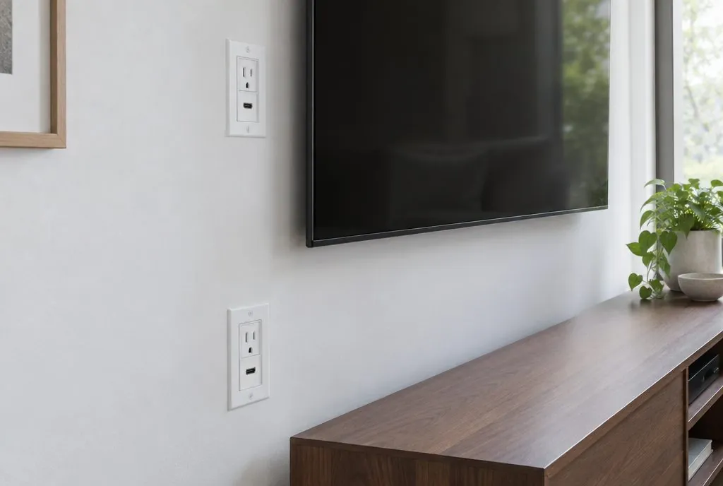 In-wall power and HDMI pass-through plates installed behind a wall-mounted TV with no visible cables
