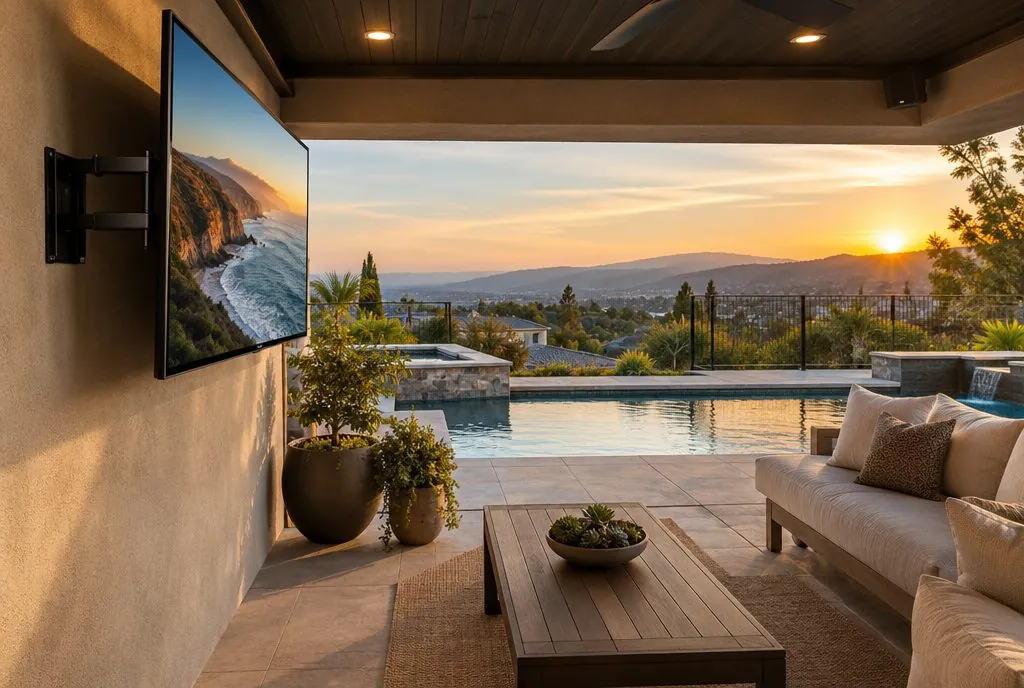 Weatherproof TV mounted on a covered patio wall overlooking a Santa Clarita backyard pool