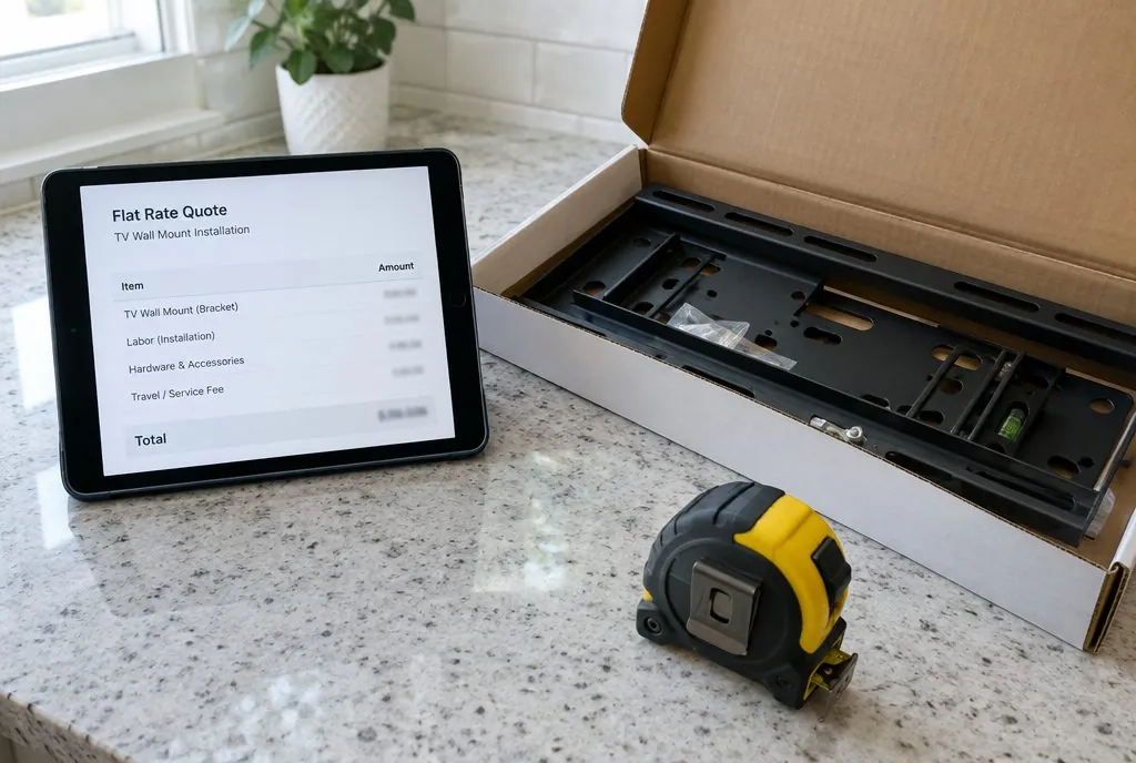 Itemized flat-rate quote for a TV mounting job in Santa Clarita