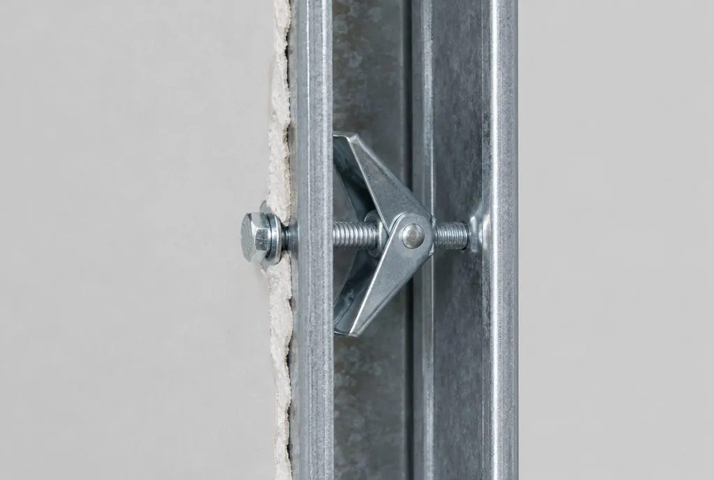 Heavy-duty toggle anchors installed through drywall into a steel stud for a TV mount