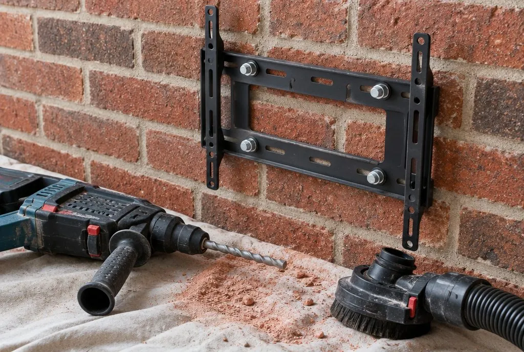 Wedge anchors installed into a brick wall for a TV mount bracket in a Santa Clarita home