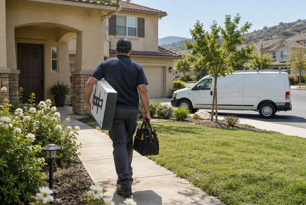 Installer arriving with mount and tools for a same-day TV installation at a Santa Clarita home